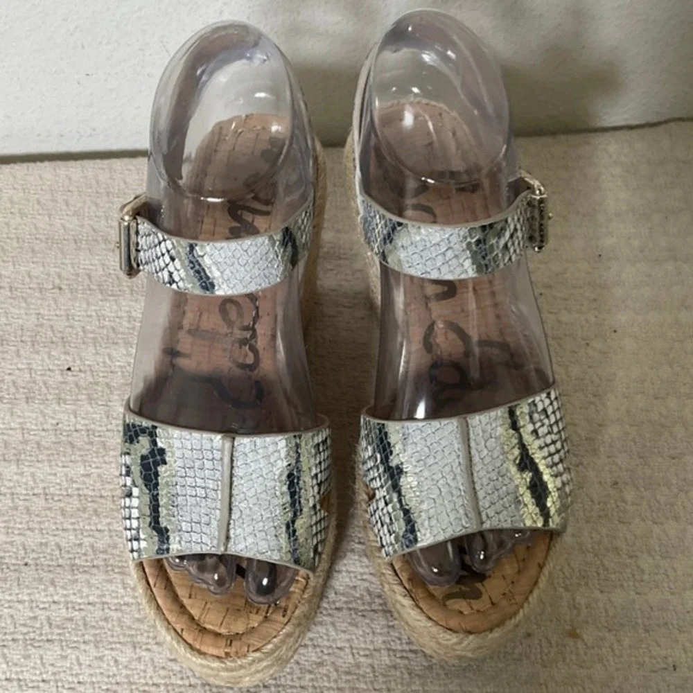 Sam‎ Edelman Maura Snakeskin Platform Wedge Espadrille Sandals White Black 6M